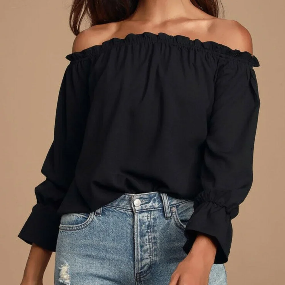 Lulus Top S Off The Shoulder Black Ruffle 3/4 Sleeve Solid Dressy Blouse - Picture 1 of 10
